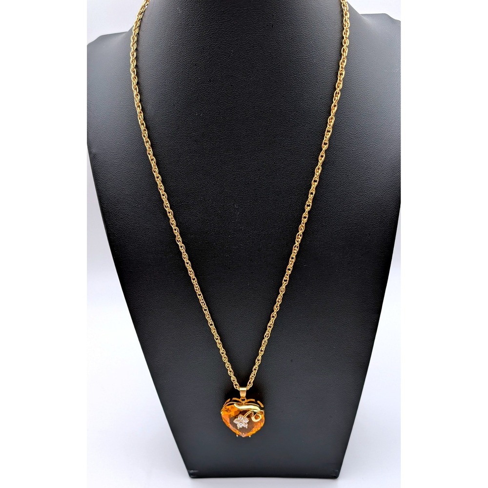 Amber Heart Pendant Necklace Gold Tone Rope Chain Rhinestone Flower Accent